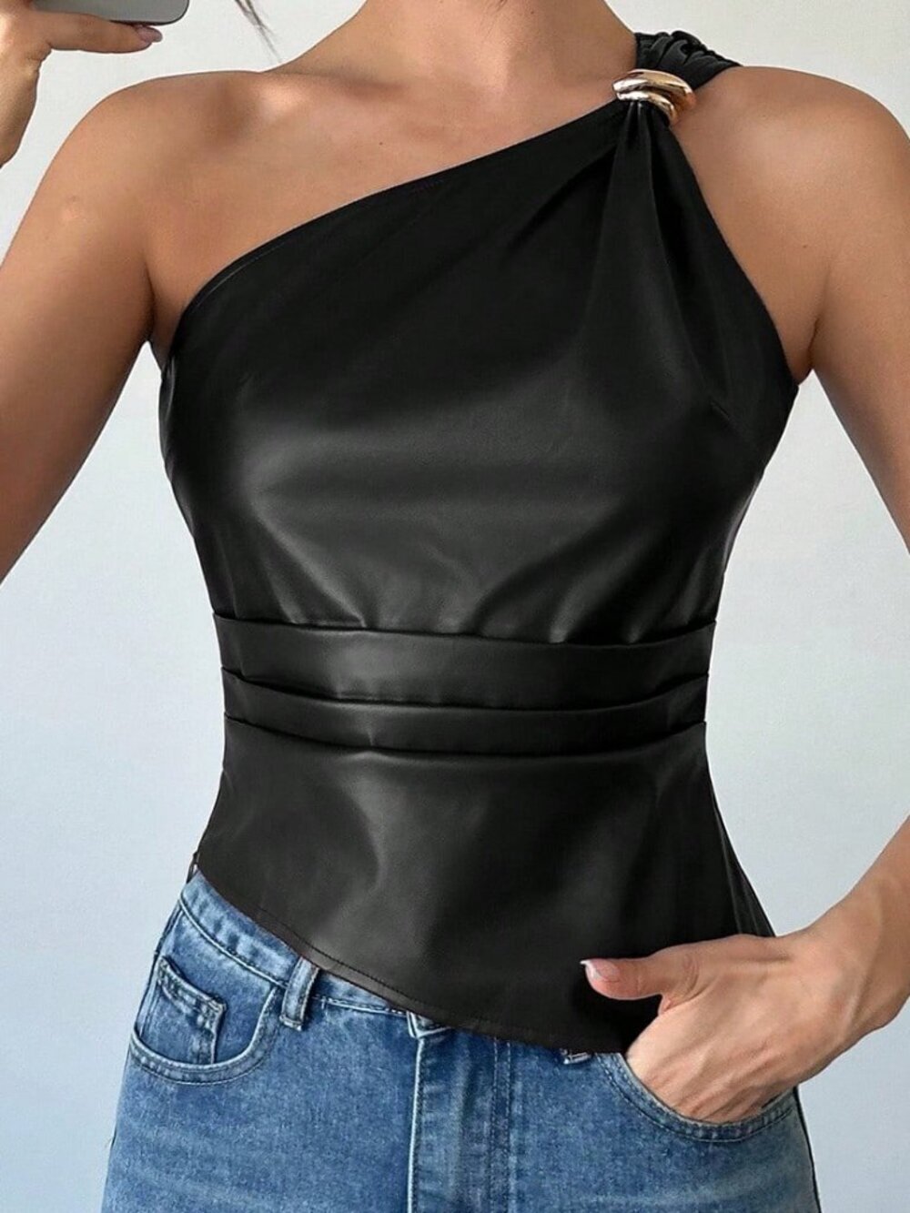 Black Metallic One-Shoulder Women's Sleeveless Faux Leather Blouse - Picture 6 of 7
